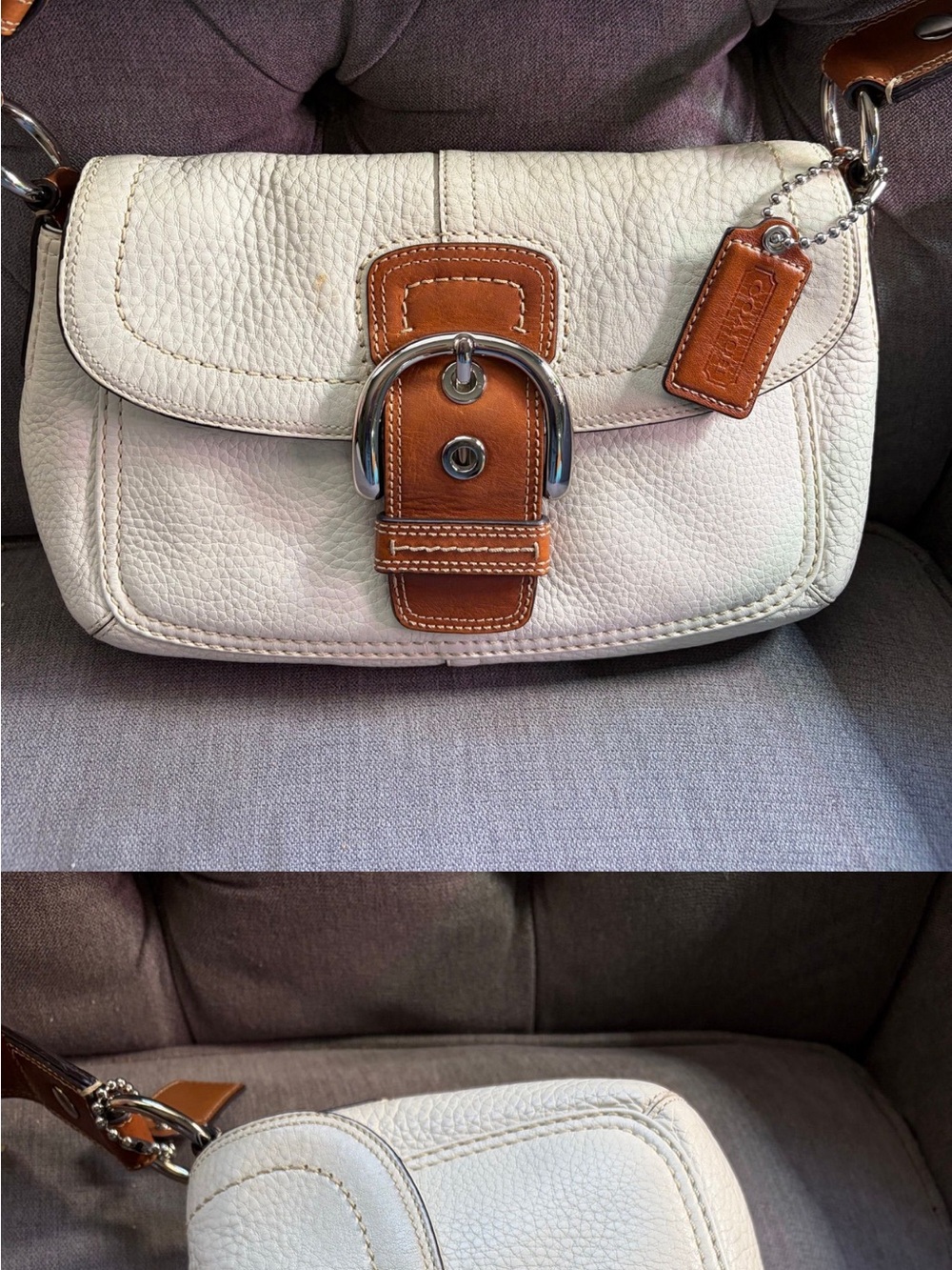 Coach White Pebbled Leather Shoulder Bag with Brown Trim